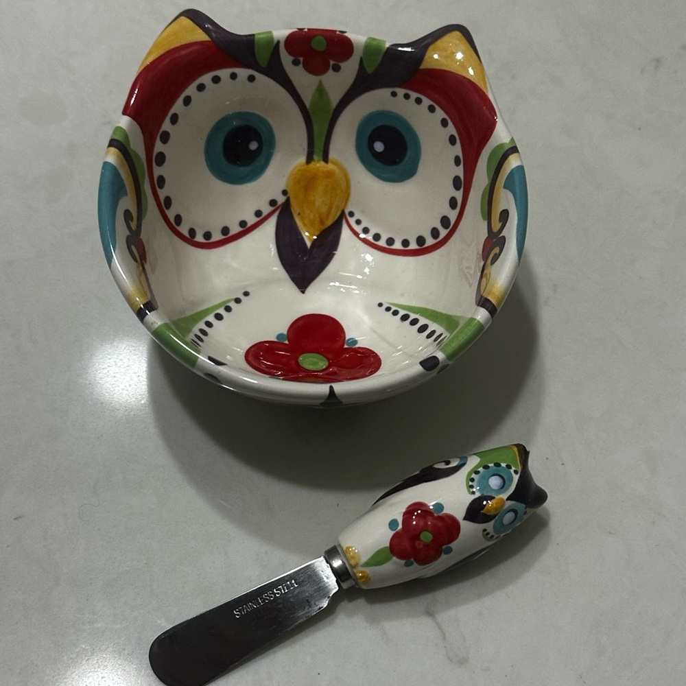 Bella 3D OWL Bowl With Spreader Knife For Dips Ceramic 5”